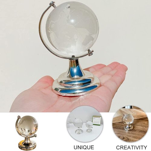 Mini World Globe Crystal Glass Clear Paperweight Desk Office Home Decor Wedding Favor Crafts Ornaments Gifts, Miniature Ball Sphere Display, Round Earth(Ball diameter 8.5cm)