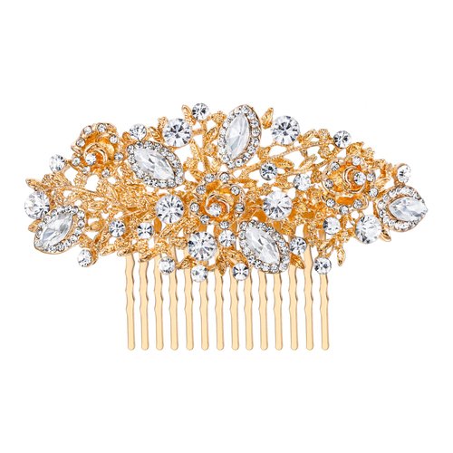 EVER FAITH Women's Austrian Crystal Wedding Clover Flower Leaf Hair Comb Clear Gold-Tone