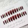 RikView Long Press on Nails Red Acrylic Nails Coffin Fake Nails with Fall Design Full Cover Nails 24 PCS/Set