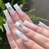 ROFIBUT Halloween Press on Nails Long Square Fake Nails Glossy White French Tip Coffin False Nails with Skull Charms Acrylic Nails Luxury White Spider Web Full Cover Glue on Nail for Women Girls 24Pcs