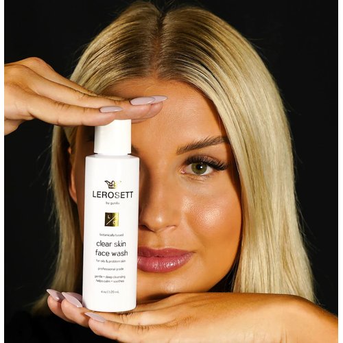 LEROSETT Face Wash for Clear Skin, Gentle Exfoliating Cleanser, Reduces Pores, Blemishes & Oily Skin, Plant-Based, 12 Botanicals, Glycolic Acid, Softens Skin, Vegan, Non-Drying 4 oz.