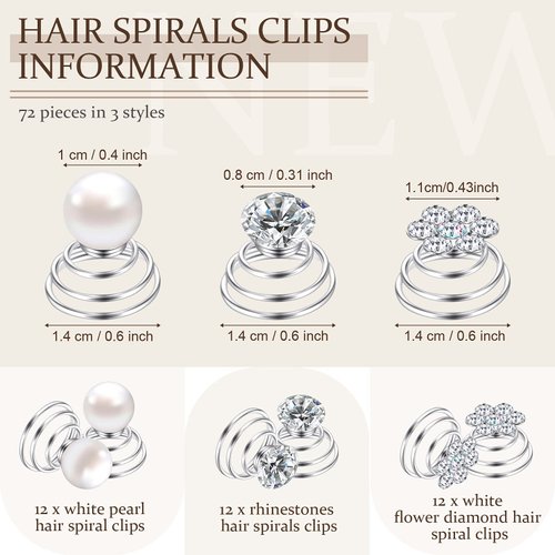 36 Pieces Spiral Hair Pins Gems for Hair Rhinestone Pearl Hair Pin for Wedding Crystal Twister with Silver Coil Hair Jewelry Clip for Wedding Bridal Prom Party