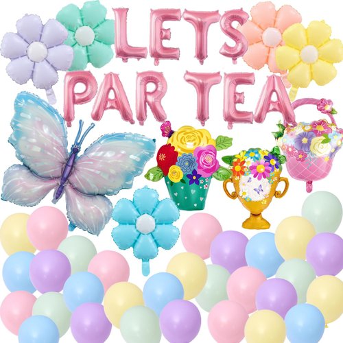 49 Pieces LET'S PAR TEA Balloons Decorations Girls Floral Tea Party Birthday Decor Flower Basket Butterfly Balloons Macaron colored Latex Balloons for Girls Birthday Baby Shower Bridal Party Supplies