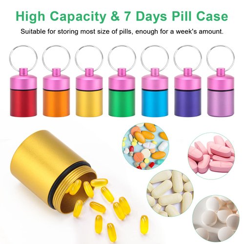 Small Portable Pill Case Keychain, Anglecai Waterproof Metal Pill Holder Tube Mini Pill Organizer Weekly Pocket Pill Boxes, Pill Container Holder with 7 Compartments for Travel Camping