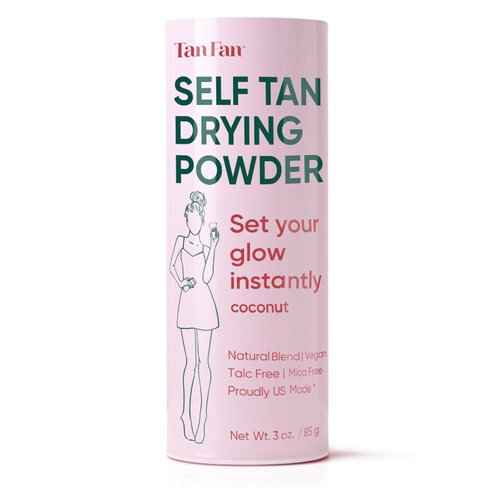 Tan Fan Self Tan Drying Powder - Stops Sticky Feeling - Sets Sunless Tanner - 100% Vegan Talc-Free Translucent Loose Setting Powder In Shaker Bottle For Smooth Silky Skin - USA Made (Coconut 3oz)