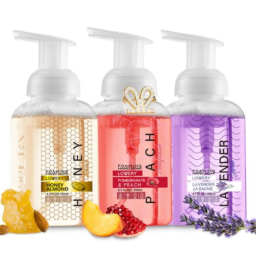 LOVERY Foaming Hand Soap, 3Pack Moisturizing Hand Soap with Aloe Vera & Essential Oils, Alcohol-Free Hand Wash in Honey Almond, Pomegranate Peach, Lavender Jasmine Scent for Kitchen, Bathroom