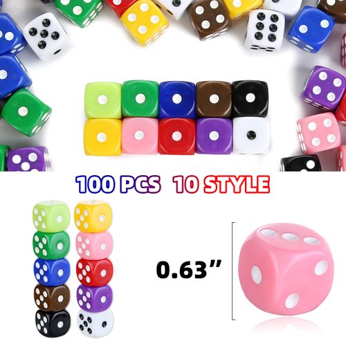 PROLOSO Standard Size D6 Game Dice 16mm 6-Sided Rounded Corner Dice Set in 10 Solid Colors with Storage Box for Party Games 100 Pcs
