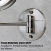 OVENTE 7" Lighted Wall Mount Makeup Mirror - 1X/ 10X Magnification, Battery Powered Glow Cosmetic Light up, Spinning 360-Degree, Double Sided LED, Extendable, Folding Arm, Nickel Brushed MFW70BR1X10X
