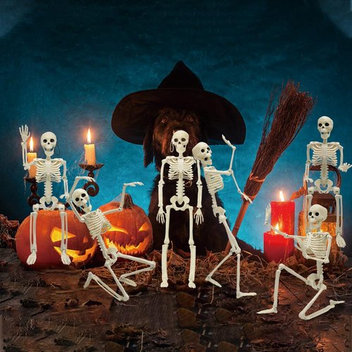 DINESIL 6 Packs Posable Halloween Skeleton Decorations, 16" Full Body Halloween Plastic Skeleton with Movable Joints for Halloween Haunted House Props Spooky Scene Party Decorations