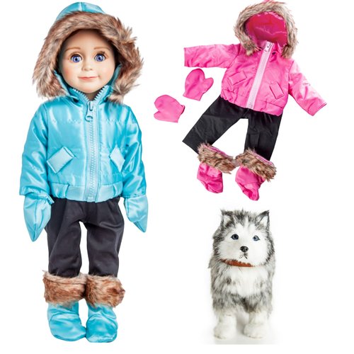The Queen's Treasures 18 Inch Doll Clothes, Accessories, and Pets, 13 Piece Set of Two Ski Wear Outfits Plus and Adorable Husky Puppy Dog. Intended for Use with American Girl. Doll NOT Included