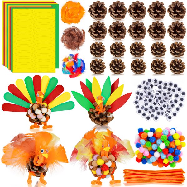 80UncleKimby 20 Sets Thanksgiving Turkey Craft Kit for Kids - Fall Pinecones DIY Arts and Crafts Set for Classroom Activities Supplies