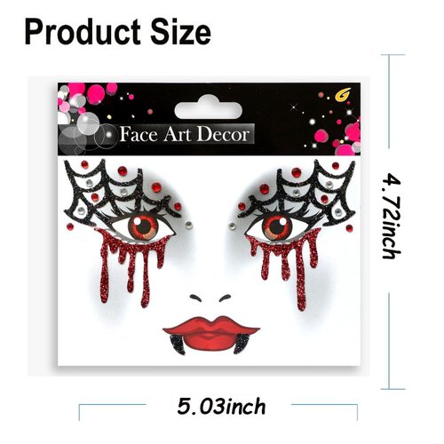 Halloween Temporary Tattoo Stickers Face Tattoos Kits for Women Men Adult, Red Blood Scar Face Stickers with Gem Glitter Design Eye Forehead Body Makeup Tattoo Sticker for Stage Masquerade Party Decor
