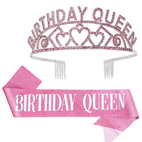 Birthday Crowns for Women, Didder Pink Birthday Sash & Queen Rhinestone Tiara Kit,Birthday Tiara Tiaras and Crowns for Women Girls Birthday Sash for Women Birthday Girl Crown Princess Crown Party Gift