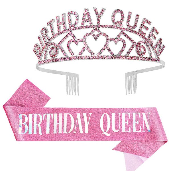 Birthday Crowns for Women, Didder Pink Birthday Sash & Queen Rhinestone Tiara Kit,Birthday Tiara Tiaras and Crowns for Women Girls Birthday Sash for Women Birthday Girl Crown Princess Crown Party Gift