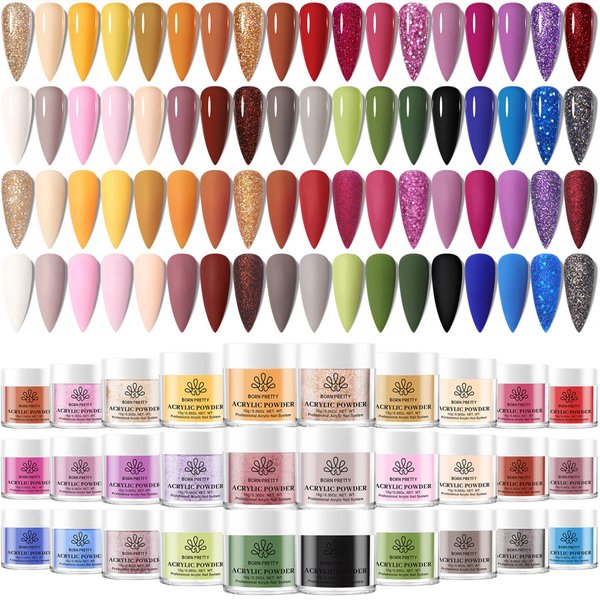 BORN PRETTY Acrylic Powder Set 36 Colors Spring Summer Acrylic Nail Powder Red Purple Green Blue Professional Polymer 3D Acrylic Nail Art Kit for French Nails Extension Nail Carving Gift Set