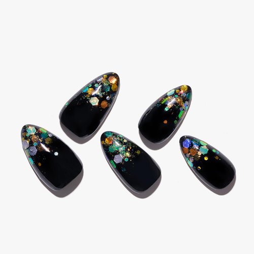 GLAMERMAID Press on Nails Medium Almond,Handmade Black Glitter False Nails with French Tips Design,Gel Glue on Nails Reusable Full Cover Manicure Set for Women