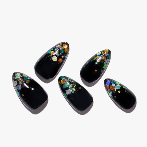 GLAMERMAID Press on Nails Medium Almond,Handmade Black Glitter False Nails with French Tips Design,Gel Glue on Nails Reusable Full Cover Manicure Set for Women