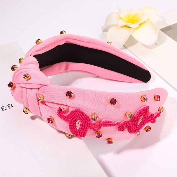 Women's Tropical Palm Tree Boho Hawaiian Headbands with Crystal Top Knot - Beach Vacation Outfit Party Favors (Flamingo B)