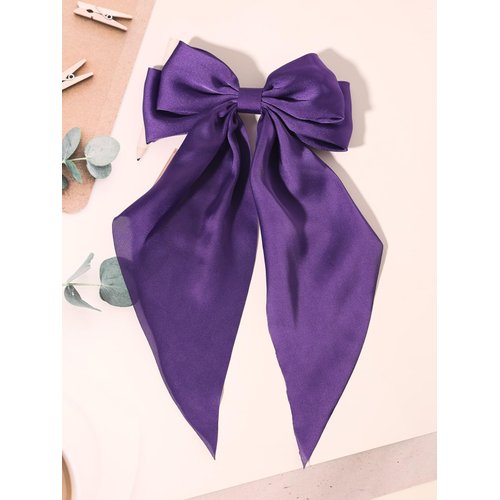 Furling Pompoms Hair Bows for Women - Pack of 2 Purple Hair Bow Clips for Girls Satin Big Bows Long Tail Alligator Clip Ribbon Hair Barrette Hair Accessories for Bridal Bachelorette Party