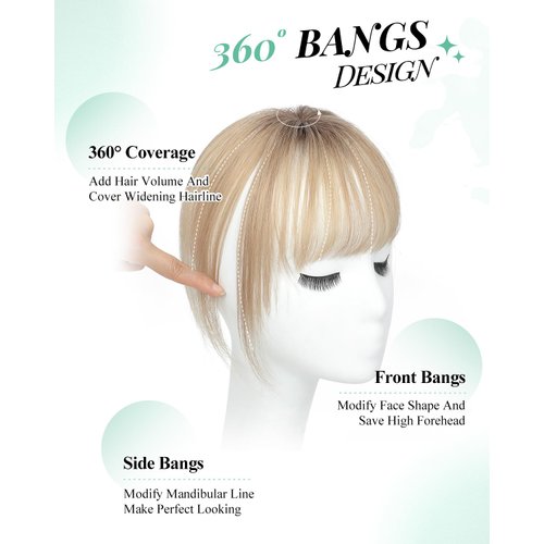 Clip in Bangs Bangs Hair Clip Fake Bangs Clip In Bangs Real Human Hair Hairpieces Ombre Blonde 360° Cover Clip on Bangs for Women Fringe with Temples Wispy Bangs Clip In Hair Extensions French Bangs