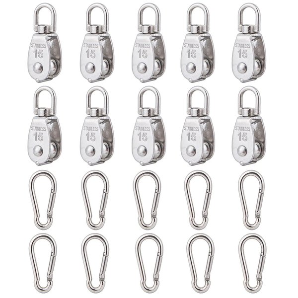 10Pcs 304 Stainless Steel M15 Single Pulley Block, Wire Rope Hanging Wire Towing Wheel, with 10Pcs Spring Snap Hook