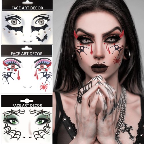 3 Pcs Halloween Temporary Tattoo Face Sticker Back Red Tattoo Face Gems Jewelry Stickers Spider Web Vampire Bat Face Rhinestone Sticker Halloween Makeup Cospaly Costumes Party Decorations