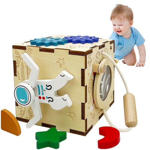 YODIFFMI Wooden Activity Cube Montessori Toys for 3 Year Old Baby Toys Toddlers Birthday Gift Boys Girls Sensory Interactive Learning Toys (Spaceman)