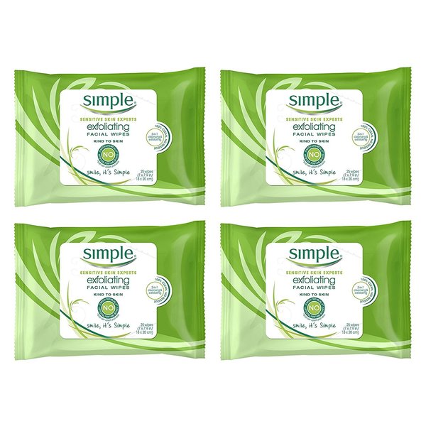 Simple Kind to Skin Cleansing Wipes Gentle and Effective Makeup Remover Exfoliating Free from color and dye, artificial perfume and harsh chemicals, 25 Count (Pack of 4)
