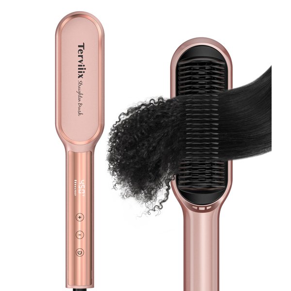 Terviiix Frizz Buster Ionic Hair Straightener Brush with MCH Heater - Rapid 450°F in 20S, Hair Straightener Comb for Efficient One-Pass, Anti-Scald, 13 Heat Settings, Digital Display, Dual Voltage