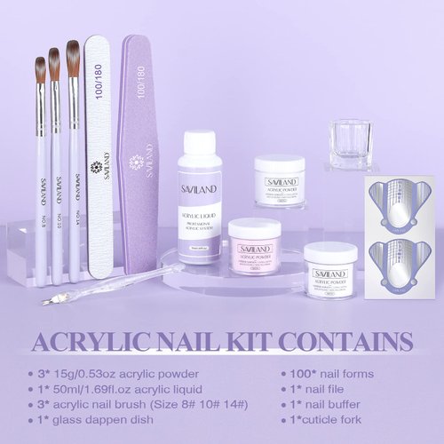 Saviland Acrylic Nail Kit: Professional Acrylic Nail Kit 15g Clear/White/Pink Acrylic Powder nail Kits Acrylic with Everything Monomer Liquid Acrylic Nail Brush Nail Forms Dappen Dish Gift Set