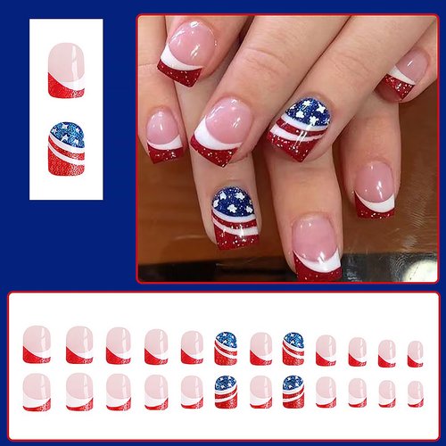 24pcs 4th of July Press on Nails Short Square French Tip Fake Nails American Flag Star Full Cover Glue on Nails Patriotic Nail Designs Independence Day False Nails for Women Acrylic Nails Decoration