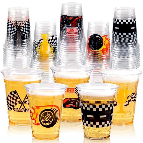GuassLee 50 Race Car Birthday Party Decorations, 12Oz Checkered Flag Racing Party Disposable Plastic Cups for Boys Fast One Two Birthday Car Party Favors Supplies