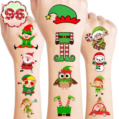 Christmas Temporary Tattoos Themed Merry Christmas Birthday Party Decorations Supplies 96PCS Party Favors Gift Ideal for Boy Girls Cute Noel Xmas Santa Claus Prizes Themed (Elf)