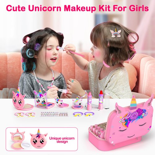 Kids Makeup Kit for Girl - 2 In 1 Kids Washable Makeup Toys & Nail Art Kit with Unicorn Cosmetic Case, Kids Play makeup for Girls, Real Girl Makeup Sets for Christmas Birthday Gifts Toys for 3-12 Year