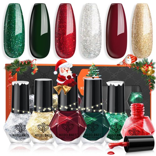 Modelones Christmas Nail Polish Set 6 Colors Red Green Glitter Mini Nail polish Set Gold Silver Nail Polish Kit Quick Dry Nail Polish Manicure Nail Art Manicure DIY Home Salon Gift for Women Mom