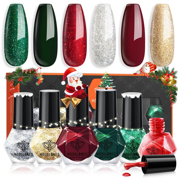 Modelones Christmas Nail Polish Set 6 Colors Red Green Glitter Mini Nail polish Set Gold Silver Nail Polish Kit Quick Dry Nail Polish Manicure Nail Art Manicure DIY Home Salon Gift for Women Mom