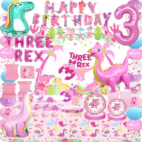 Pink Three Dino Rex Birthday Party Decorations Dinosaur 3rd Birthday Décorations Three inspired Rex Birthday Party Supplies include balloon backdrop knive fork spoon plate napkin cup tablecloth