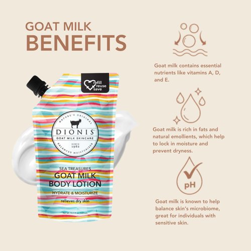 Dionis Goat Milk Skincare Body Lotion 16.9oz Refill Pouch, Cruelty Free Clean Ingredients & Dermatologist Tested Lotion for Dry Skin, Hydrating & Deeply Moisturizing Rich in Vitamins, Sea Treasures