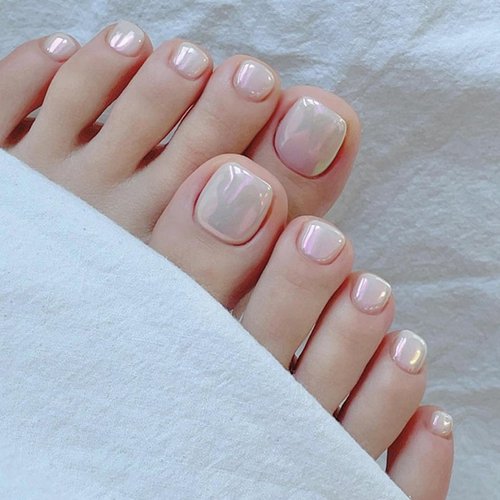 Square Press on Toenails Short Fake Toe Nails with Aurora Designs Daily Wear Simple Toenail Press ons Glossy False Toenails Warm Pink Full Cover Artificial Stick on Nails for Women 24Pcs