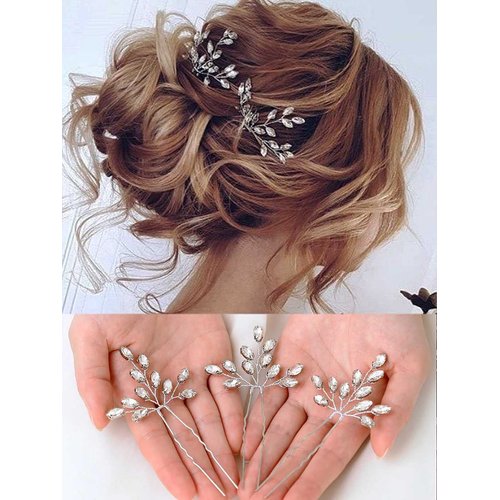 Heread Crystal Bride Wedding Hair Pins Rhinstones Bridal Hair Accessories Head Piece for Women and Girls (Pack of 3) (A Silver)