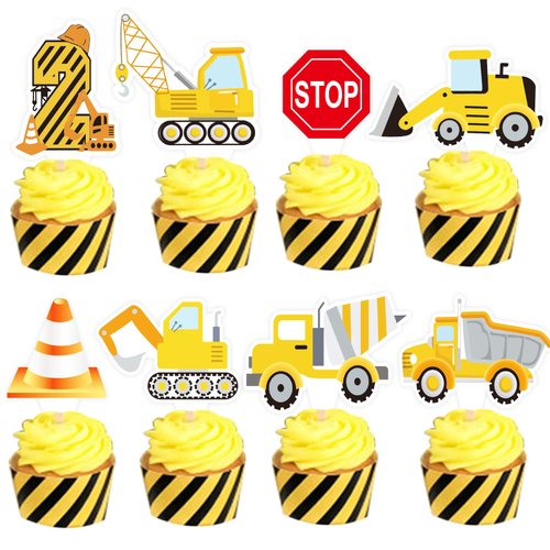 48pcs Construction 2nd Birthday Party Decorations Construction Cupcake Toppers for Boys Girls 2nd...