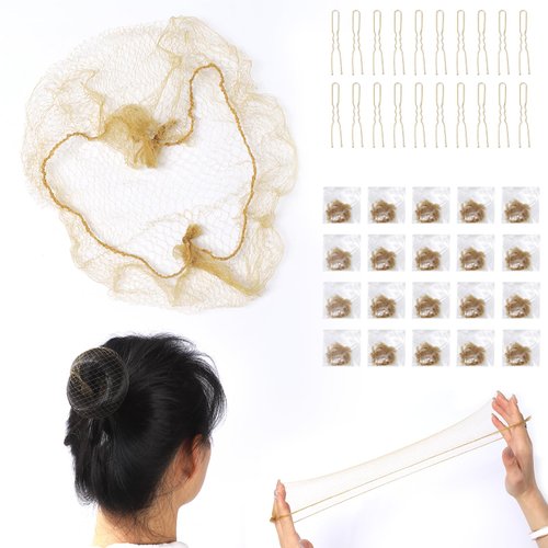 Blonde Hair Nets for Ballet Buns and Sleeping, 20 Individual Packages with Invisible Nets and U-Shaped Pins for Wigs - Dark Gold