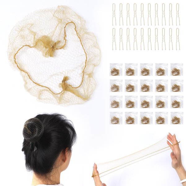 Blonde Hair Nets for Ballet Buns and Sleeping, 20 Individual Packages with Invisible Nets and U-Shaped Pins for Wigs - Dark Gold
