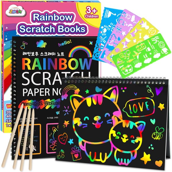 ZMLM Scratch Paper Art-Crafts Gift: 2 Pack Bulk Rainbow Magic Paper Supplies Toys for 3 4 5 6 7 8 9 10 Years Old Girls Kids Favors Gifts for Birthday Christmas Party Games Stocking Stuffers Kits