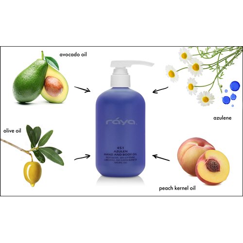 Raya Azulen Hand and Body Oil 16 oz (451) | Softening and Natural Blend of Oils for Hands, Arms, Legs, and Body | Great as a Body Massage Oil | Great for All Skin