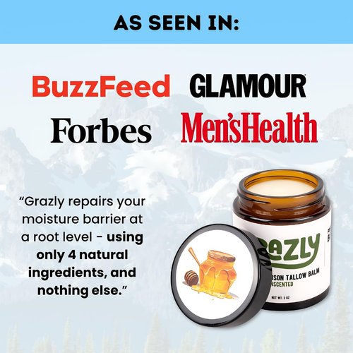 Grazly Unscented Manuka Honey & Bison Tallow Balm – 100% Organic, Grass-Fed Face & Body Moisturizer for Dry Skin, Acne-Prone Skin & Wrinkles – Ancestral Formula with Coconut Oil, Raw Beeswax – 3oz