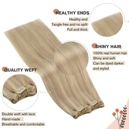 Ugeat Clip in Hair Extensions Real Human Hair Blonde Highlights Double Weft Clip in Human Hair Extensions Ash Blonde with Blonde Human Hair Clip in Extensions Full Head 18 Inch 120Grams 7pcs