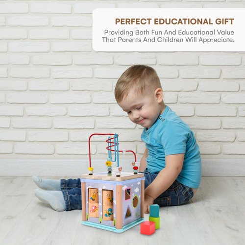 CHILDLIKE BEHAVIOR Montessori Cube Toy for Motor Skills - Shape Sorting Cube - Educational Wooden Sensory Blocks for Toddlers 1-3 - Enhances Coordination, Learning, and Development