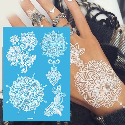 6 Sheets White Henna Temporary Tattoos for Women Girls Lace Fake Tattoo Stickers Mystery Sexy Mandala Flower Body Art Design Waterproof Henna Sticker DIY Body Face Arms Legs Party Supplies Favors
