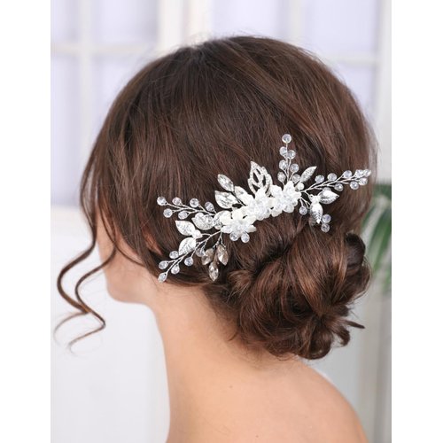 Teyglen Silver Flower Wedding Hair Comb Bridal Crystal Hair Comb Decorative Hair Accessories for Bride Rhinestone Flower Headpiece for Women Girls